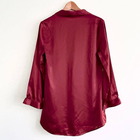 Vintage 90s Victoria Secret Size S Satin Sleep Shirt Burgundy Red Button Up - Picture 2 of 16